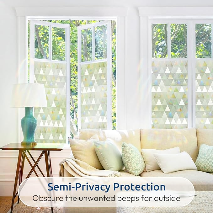 rabbitgoo Window Privacy Film, Stained Glass Rainbow Privacy Clings for Glass Window, Static Cling Decorative Door Covering, Non-Adhesive UV Blocking, Multicolored, 17.5 x 157.4 inches