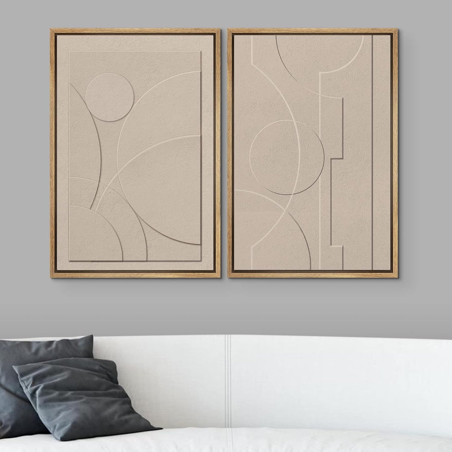 SIGNWIN Framed Canvas Print Wall Art Set Art Deco Geometric Polygon Collage Abstract Shapes Illustrations Minimal Decorative Boho Nordic Relax for Living Room, Bedroom, Office - 24"x36"x2 Natural