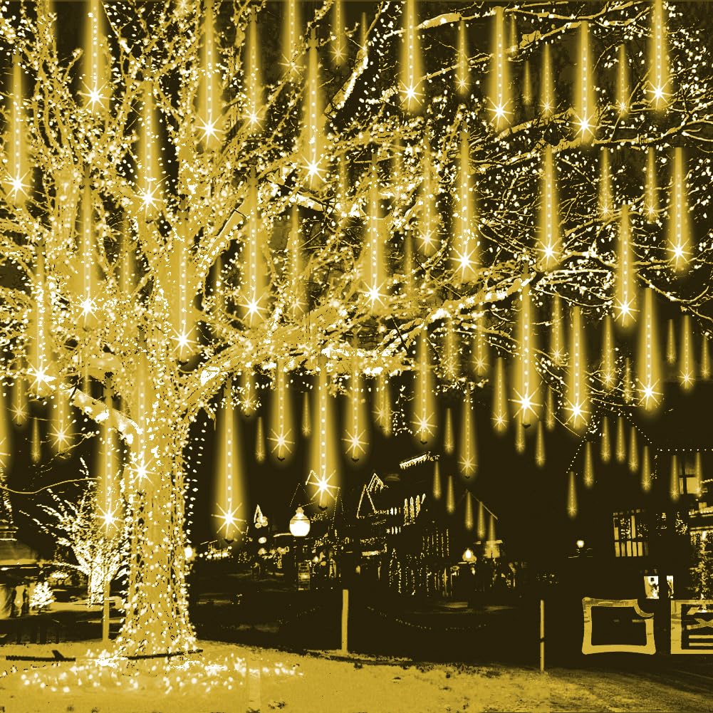 Weepong Christmas Lights Outdoor, 12 Warm White Meteor Shower, 192 Led Cascading Icicle String Lights For Holiday Decor, Model Wep-Frl-Ww