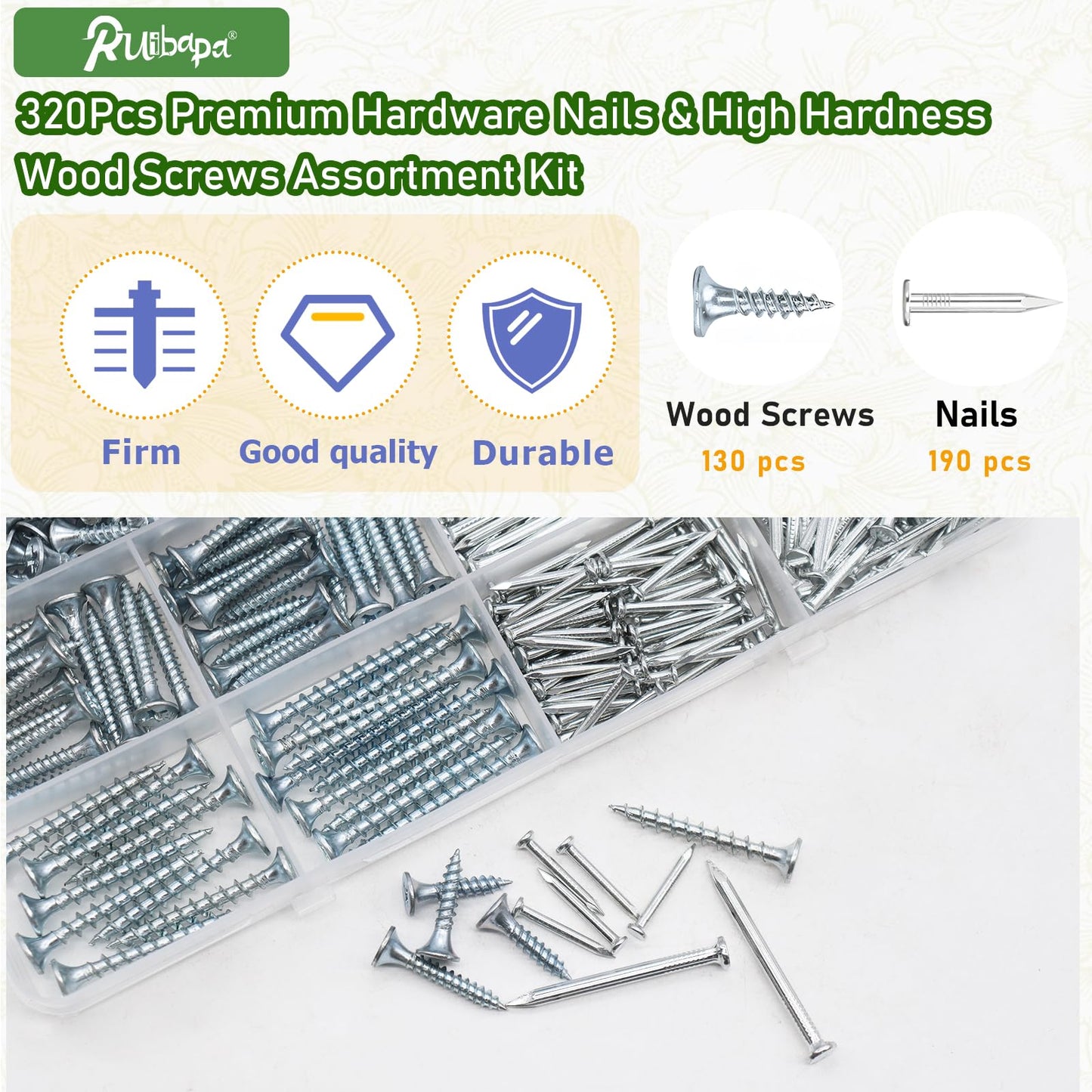 320Pcs Premium Hardware Nails & High Hardness Wood Screws Assortment Kit,11 Sizes (1/2"-2"),Phillips Drive Flat Head, Wood Screws,Galvanized,Picture Hanging,Wood,Common Nails with Storage Box