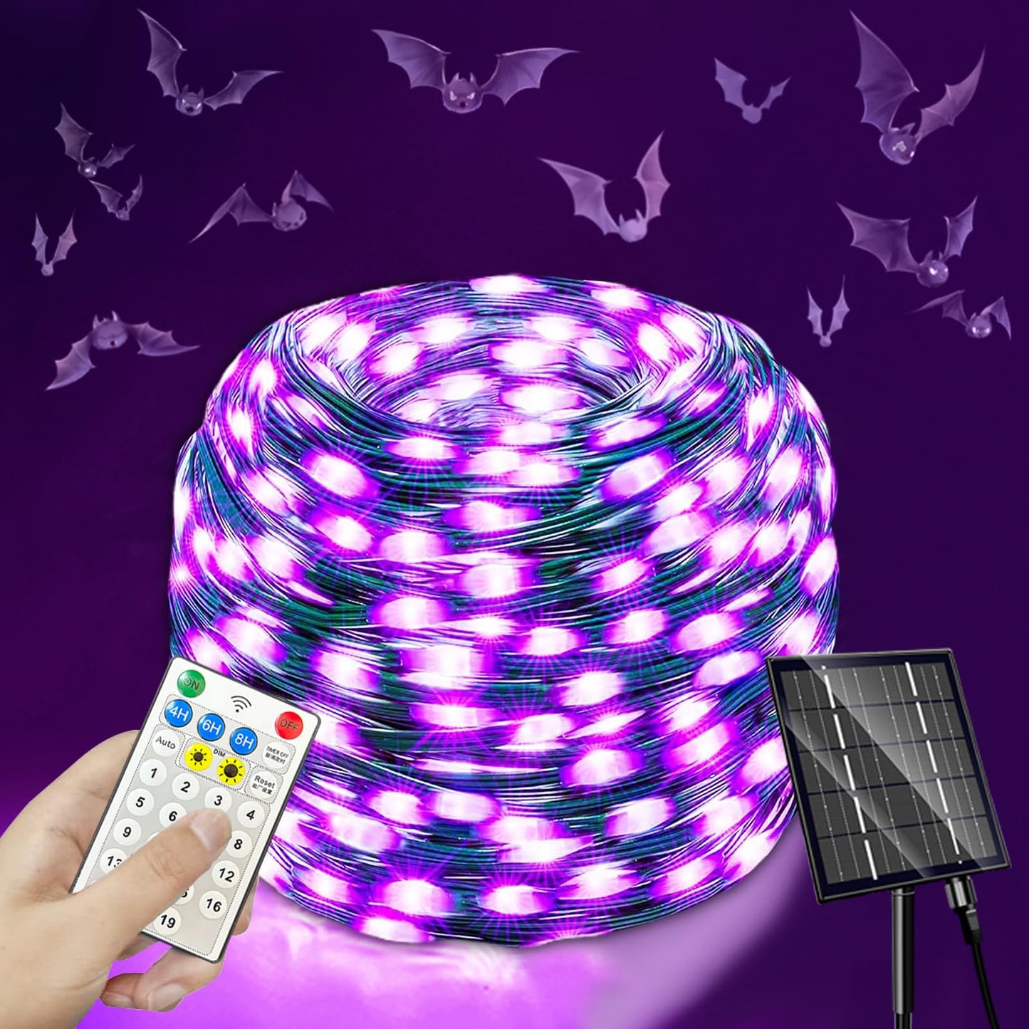 Dolucky Solar String Lights, 500 LED, Purple, 19 Modes, Outdoor Halloween Decoration