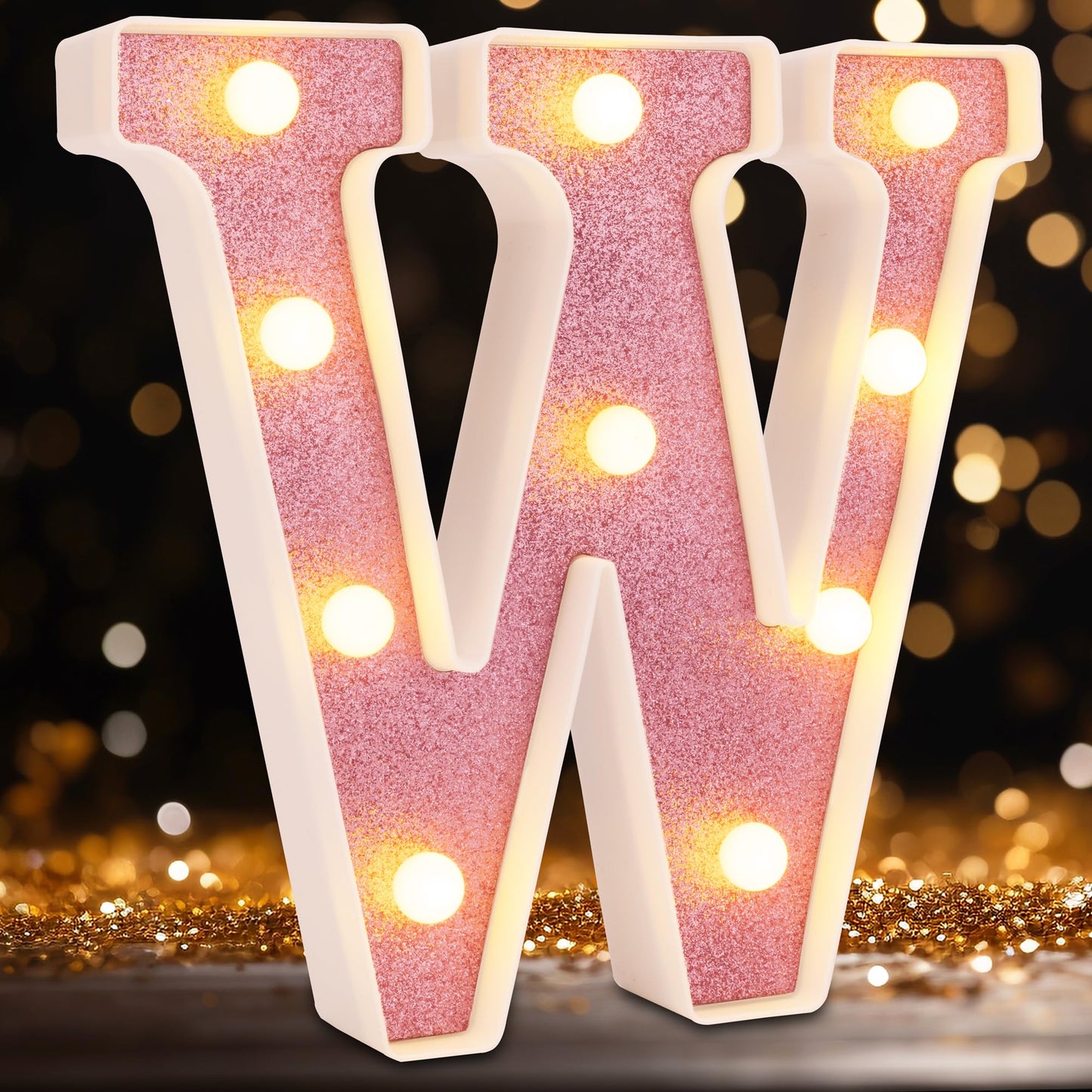 DyingSwan Small LED Marquee Letter Lights, Pink Glitter, 8.58in Battery Powered Plastic Sign for Party, Table, Birthday, Christmas