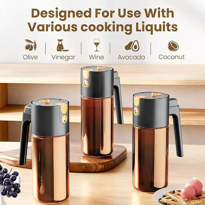 Olive Oil Spray Bottle Dispenser，2-in-1 Glass Material Kitchen Cooking Oil Sprayer，17 oz/500 ml Cooking Spray, Glass Spray Bottle with Tipper, Food Grade Spray for Kitchen, Salad, Frying, Barbecue