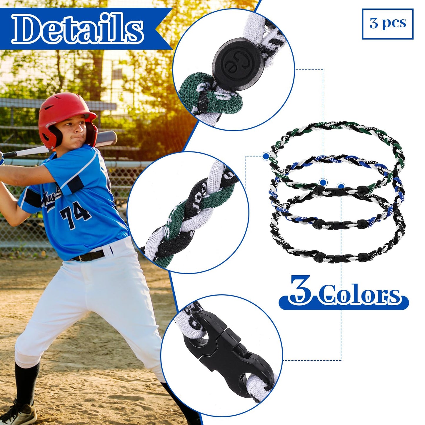 Junkin 3 Pcs Baseball Necklaces Three Braided Rope Titanium Necklace for Team Gifts Boys Men Player Softball Fans Sports (Bright