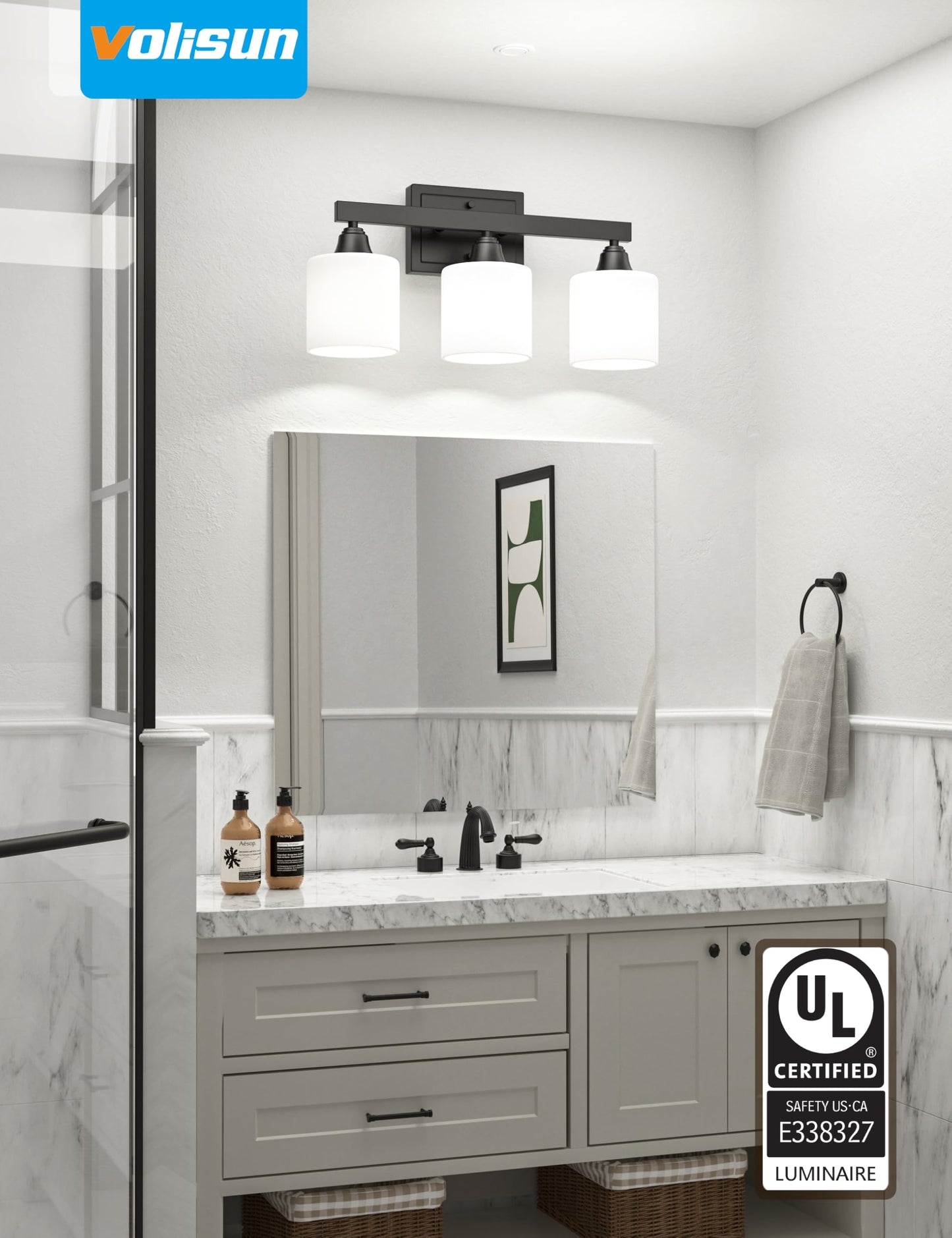 VOLISUN Matte Black Bathroom Light Fixtures, 3-Light Bathroom Vanity Lights Over Mirror, Modern Vanity Light for Bathrooms, Bathrooms Lights Fixtures Over Mirror with Milky White Frosted Glass Shades
