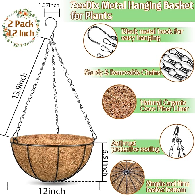 ZeeDix 12 Inch Hanging Baskets for Plants, 2 Pack Metal Round Hanging Planter with Coconut Liners Replacement, Hanging Flower Pots for Outdoor Indoor Plants Flowers Vegetables