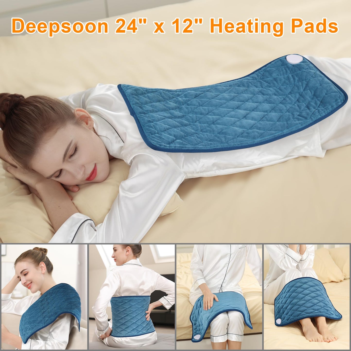 Deepsoon Heating Pad,Electric Heating Pads for Back,Neck,Abdomen,Moist Heating Pad for Shoulder,Knee,Arms,Legs,Dry/Moist Heat & Auto Shut Off,Christmas Gifts for Men and Women,Weighted Blue,24x12 Inch