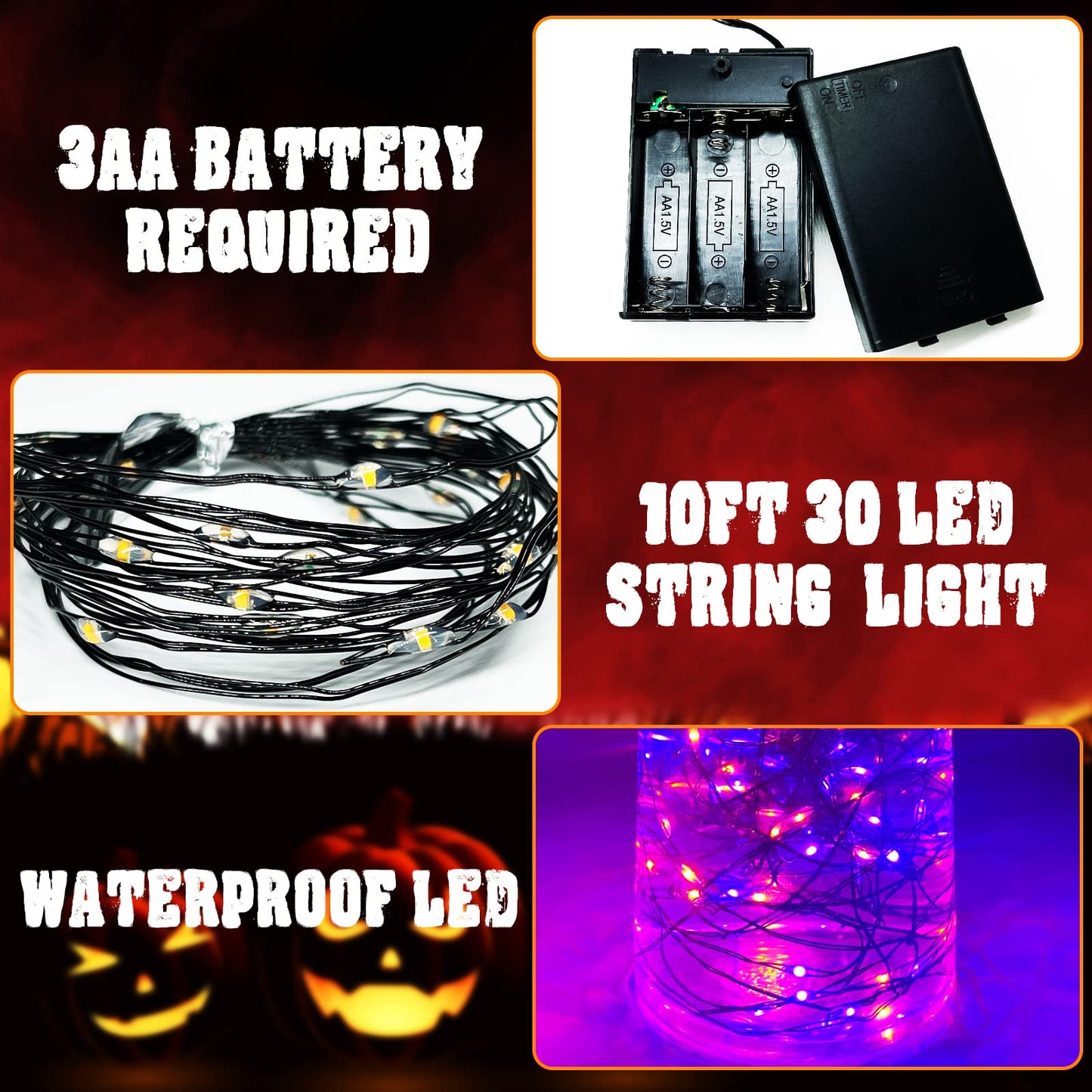 TURNMEON Halloween String Lights, 10FT 30LED, Copper Wire, Battery Powered, Purple and Orange, Indoor/Outdoor Decor