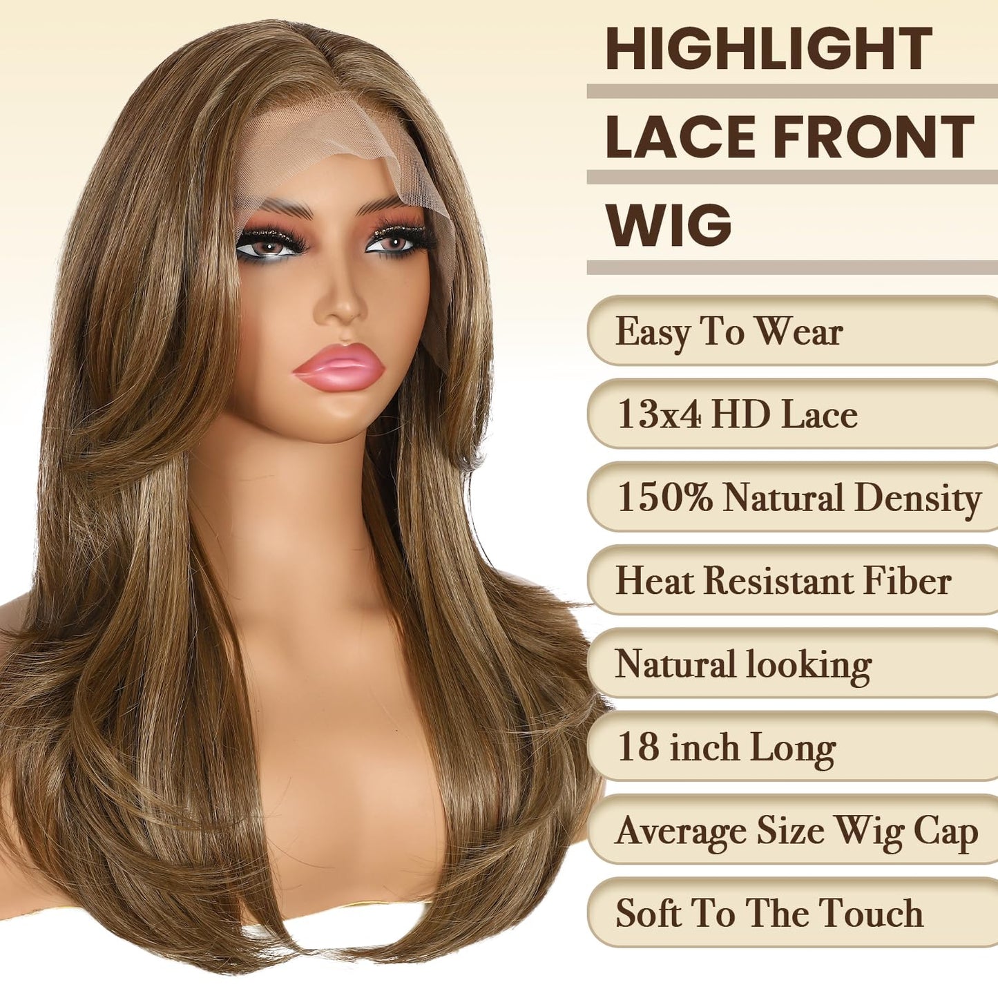 BABEHERS Brown Synthetic Lace Front Wig, 13x4 Straight Highlight Layered Wigs for Women Pre-plucked Natural Hairline Heat Resist