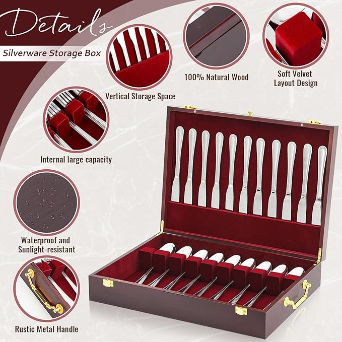 Novabright Wooden Silverware Storage Box with Lid, Christmas Flatware Organizer with Handle Felt Lined,15.3 x 11.4 Large Elegant Silverware Chest Case for Flatware Utensils Home Decor Gift(1 Layer)