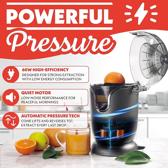 Gourmia Hands Automatic Citrus Juicer with One-Touch Operation - Universal Cone, Anti-Drip Spout, Dishwasher Safe Accessories, Compact, Quiet 60W Motor
