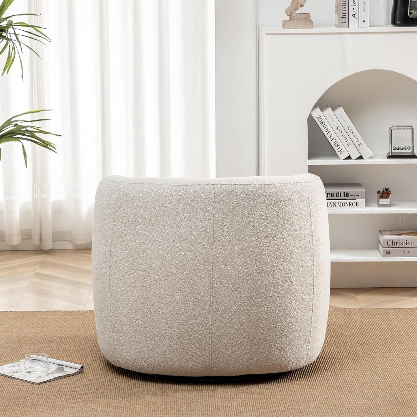 KINWELL 34" Wide Boucle Swivel Barrel Chair, No Assembly Round Upholstered Armchair Accent Chair Single Sofa Chair with Toss Pillow for Living Room and Bedroom, Beige