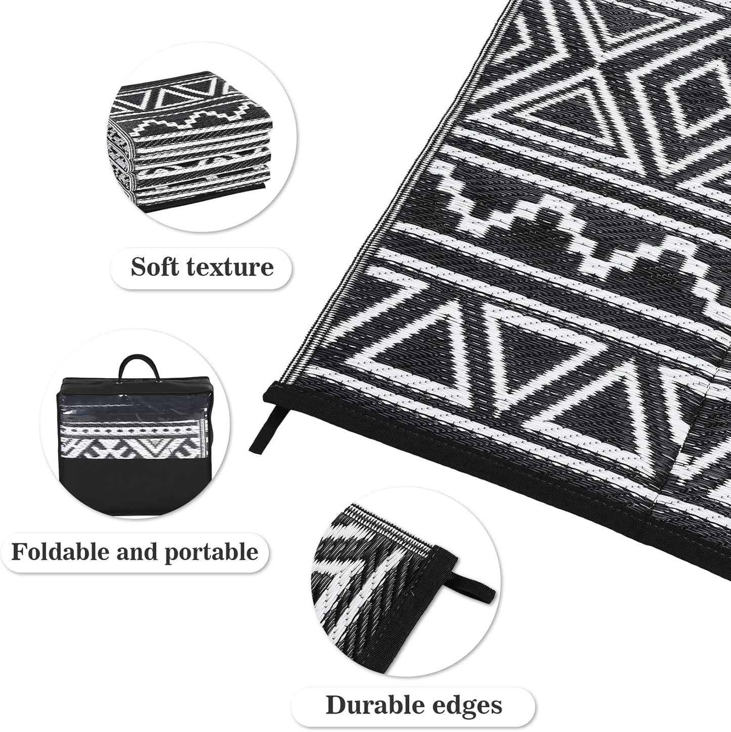 GAOMON Reversible Outdoor Rug 9'x18' Waterproof Plastic Straw Rug, Patio Rug, Large Modern Area Rug Carpet, Indoor Outdoor Rugs for Camping, Porch, Deck, Balcony, Backyard, Black/White(Bohemia)