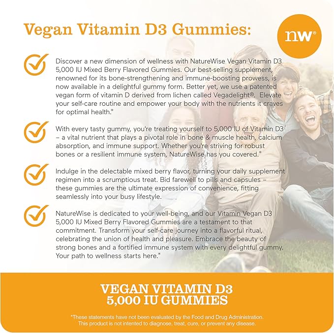 NatureWise Vitamin D3 5000 IU Gummies - Mixed Berry Flavor - Vegan D from Lichen, Pectin Based, Immune Support for Adults, Muscle & Bone Strength - Gluten Free, Non-GMO - 180 Count[3-Month Supply]