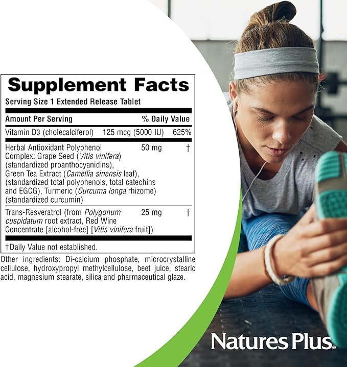 Natures Plus Vitamin D3, Extended Release - 90 Vegan Tablets - 5000 IU + 25 mg Trans-Resveratrol - Heart & Bone Health, Immune System Support, Anti-Aging - Gluten Free - 90 Servings