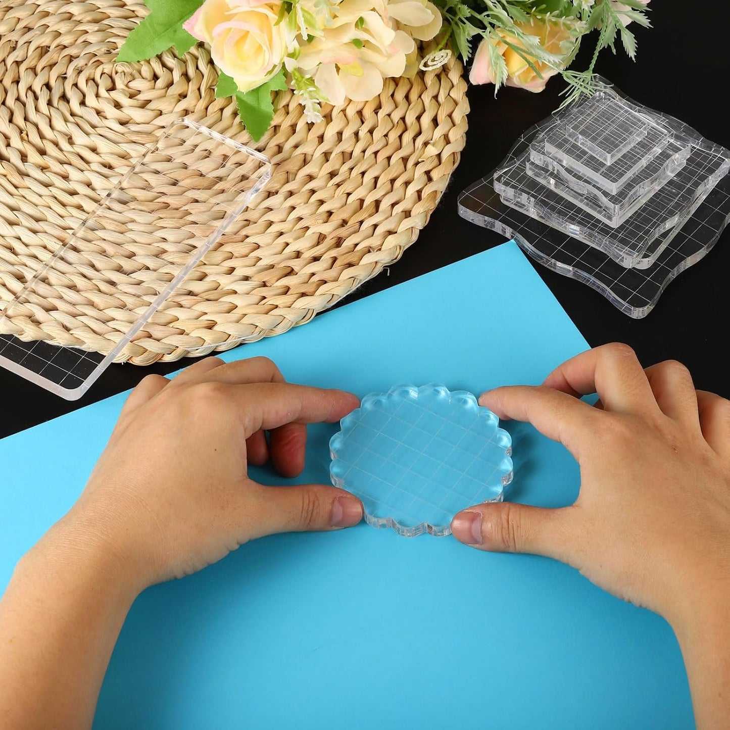 PATIKIL Acrylic Stamp Block, 3 Pack Stamping Block Square Shape with Lines Decorative Mounting Blocks Set for Scrapbooking DIY Crafts Card Making, 2x2