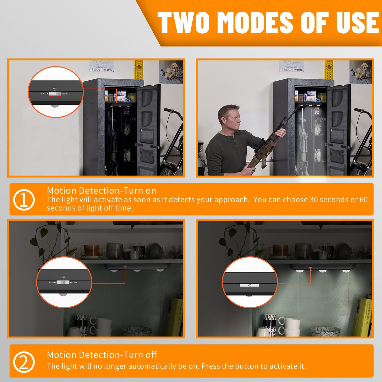 MIND&ACTION Motion Activated LED Gun Safe Lights, Ultra Bright Rotatable Lens, Battery Powered, Black 3pack, Model MA-LED1-3P