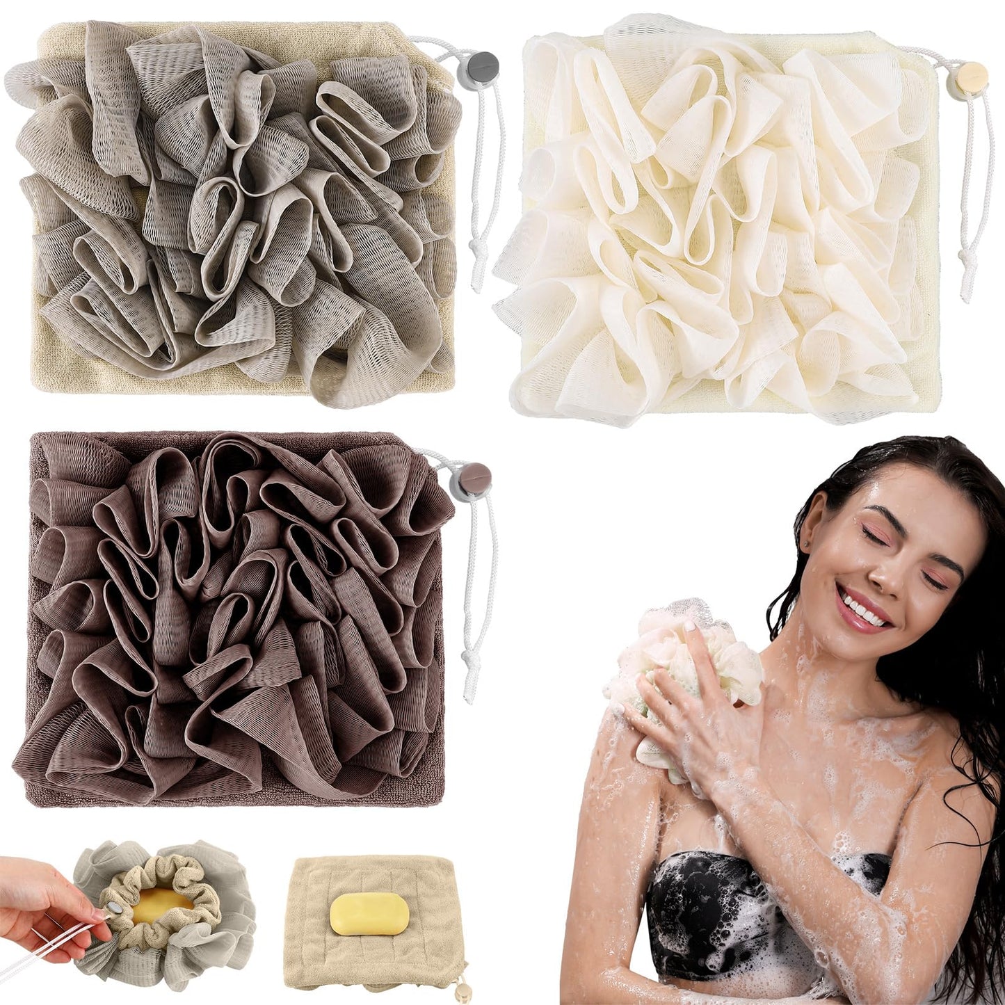 Swiffen 3 Pcs Washcloth Loofah Combo, 2 in 1 Bath Loofah Sponge with Drawstring, Exfoliation Mesh Shower Puff Ball for Body Wash