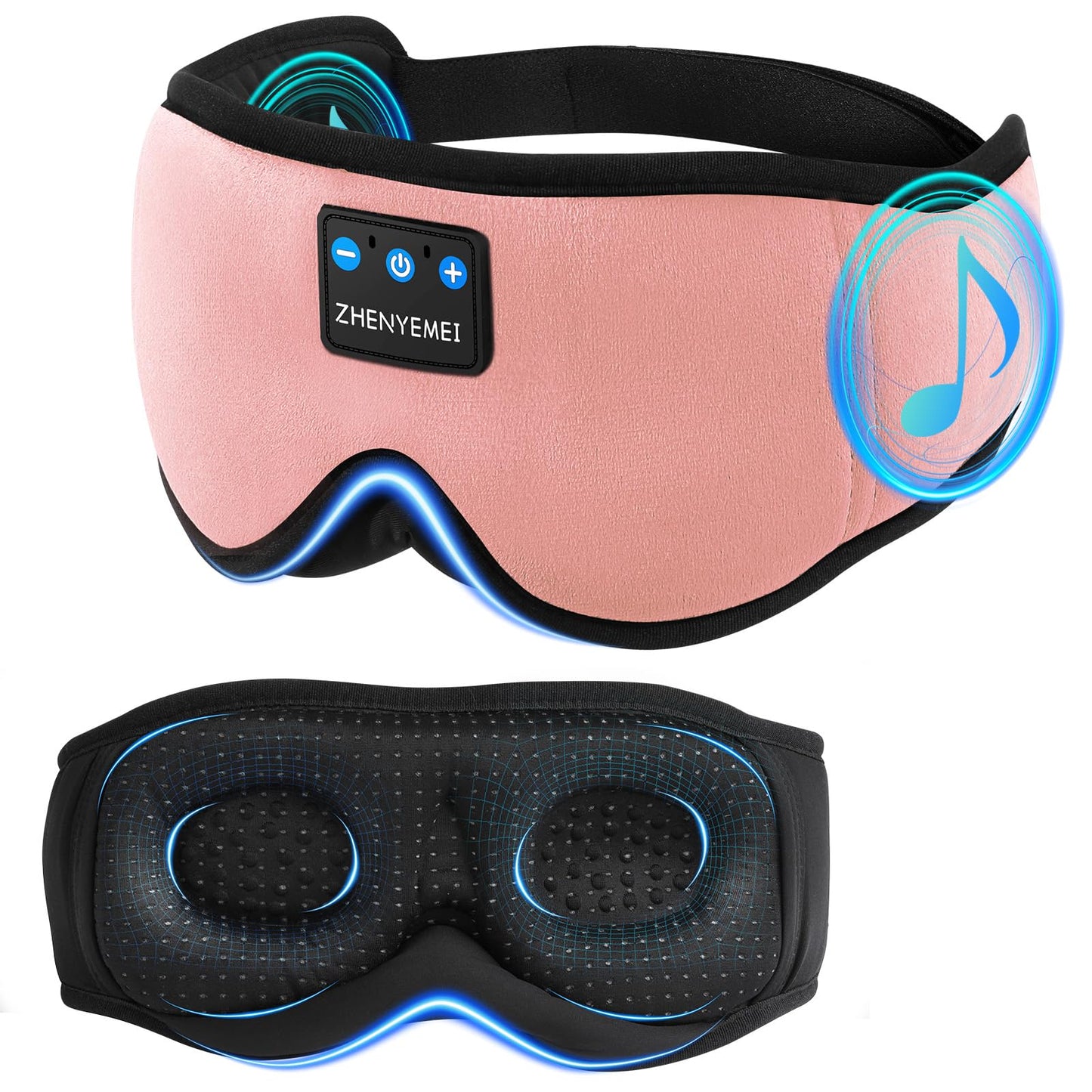 ZHENYEMEI 3D Sleep Mask with Bluetooth Headphones, Sleeping Headphones for Side Sleepers, Wireless Music Eye Mask with Ultra-Thin Stereo Speakers for Men, Women, Tech Gifts, Pink