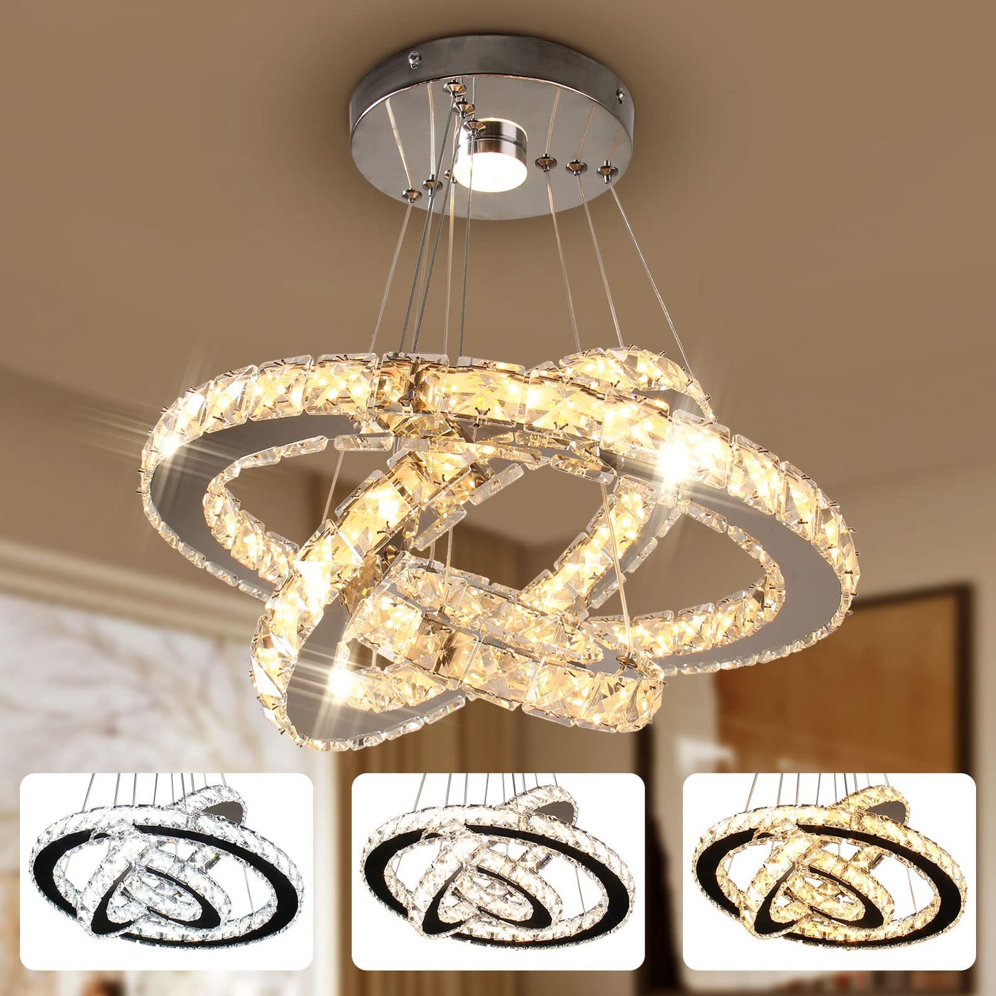 diisunbihuo Dimmable LED Chandelier Pendant Light, 3 Rings, Adjustable, Stainless Steel, Silver, Model 234-Dimmable