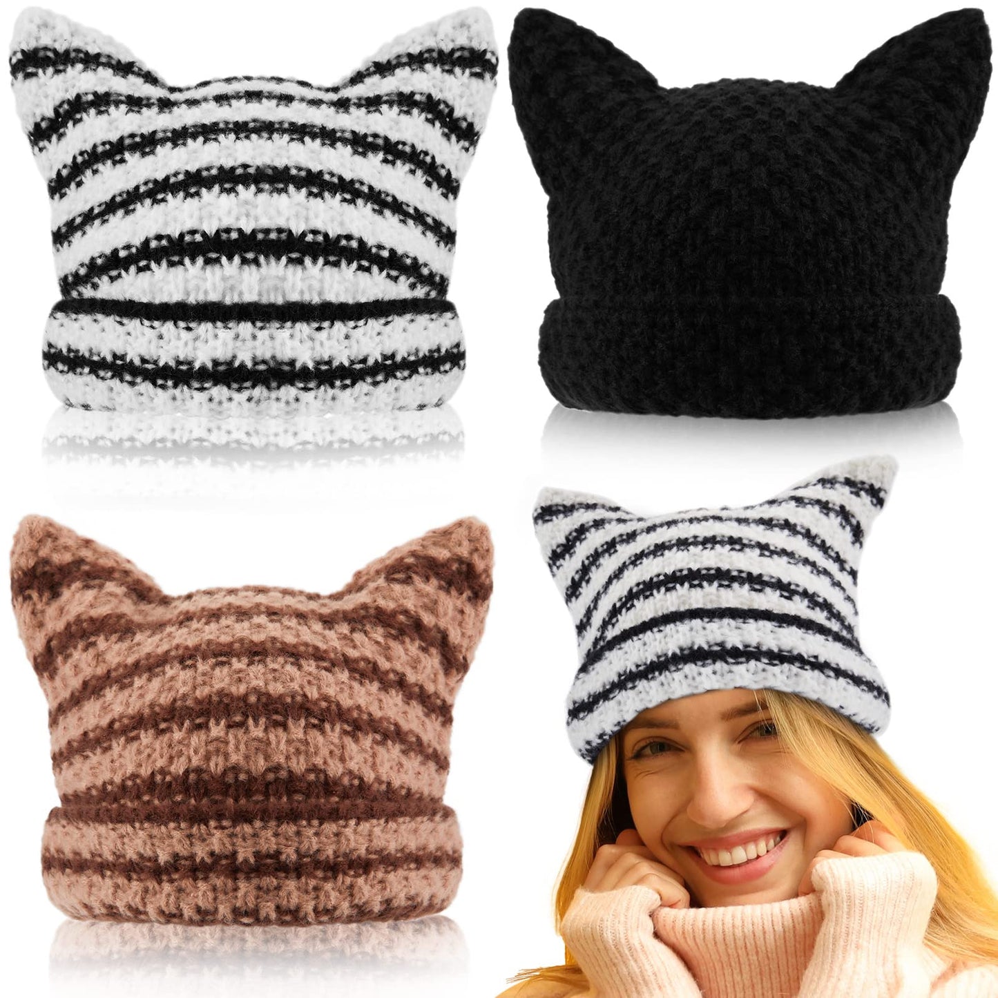 Hercicy 3 Pcs Women Cat Ear Beanie Crochet Y2k Cat Hats for Women Grunge Accessories Slouchy Hat Crochet Beanie with Ears(Classic Colors)