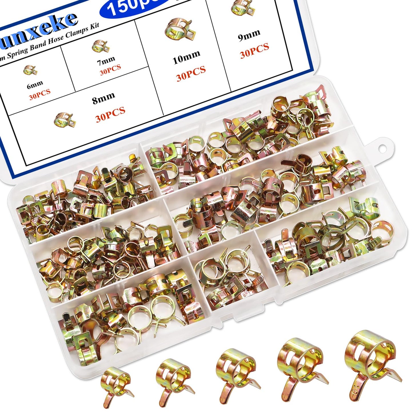 Sunxeke 150Pcs Spring Band Hose Clamps Assortment Kit,5 Sizes Fuel Line Hose Clamps,Low Pressure Air Clip Strap Clamp for Silicone Vacuum Hose Clamp Fuel Line Clamps (6mm 7mm 8mm 9mm 10mm)