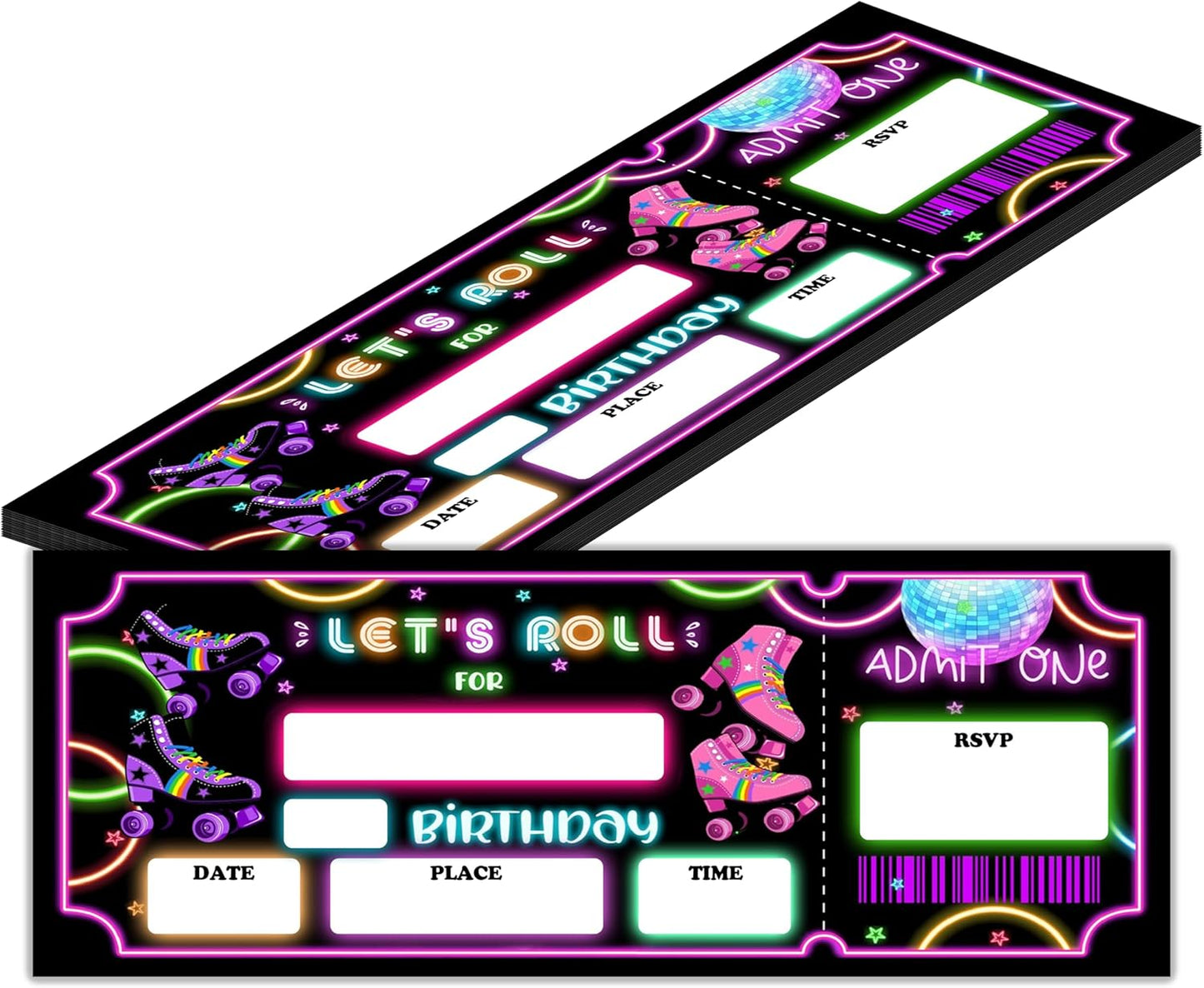 Let's Roll Skate Birthday Invitation with Envelopes-20 Skates Ticket Invite Cards for Skating Lovers Boys-Neon Birthday Cards-Party Favor & Supplies (3×8 inch)-A30