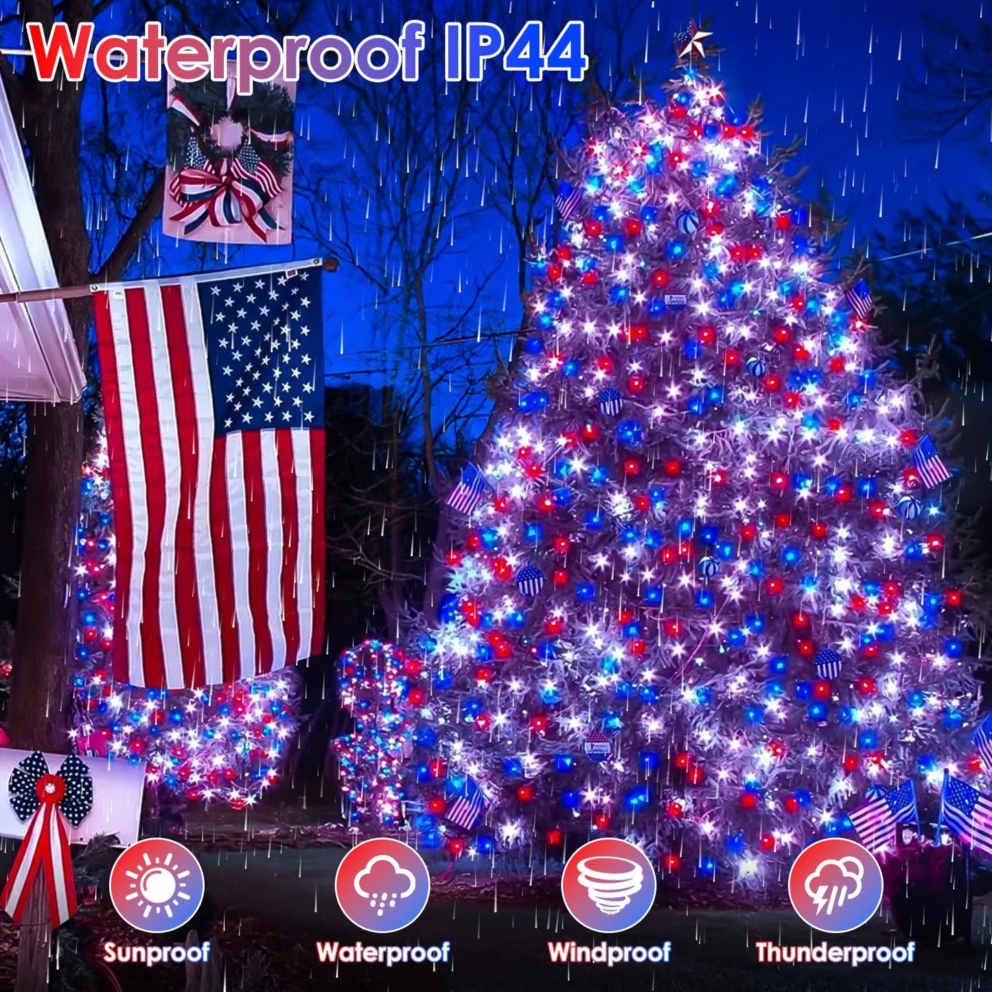 Kaq Red White & Blue Lights 115Ft 300Led 4Th Of July Decorations Outdoor/Indoor  Extendable Plug-In Twinkle Fairy Lights Waterproof With 8 Modes&Timer Independence Day Patriotic Tree Decorations
