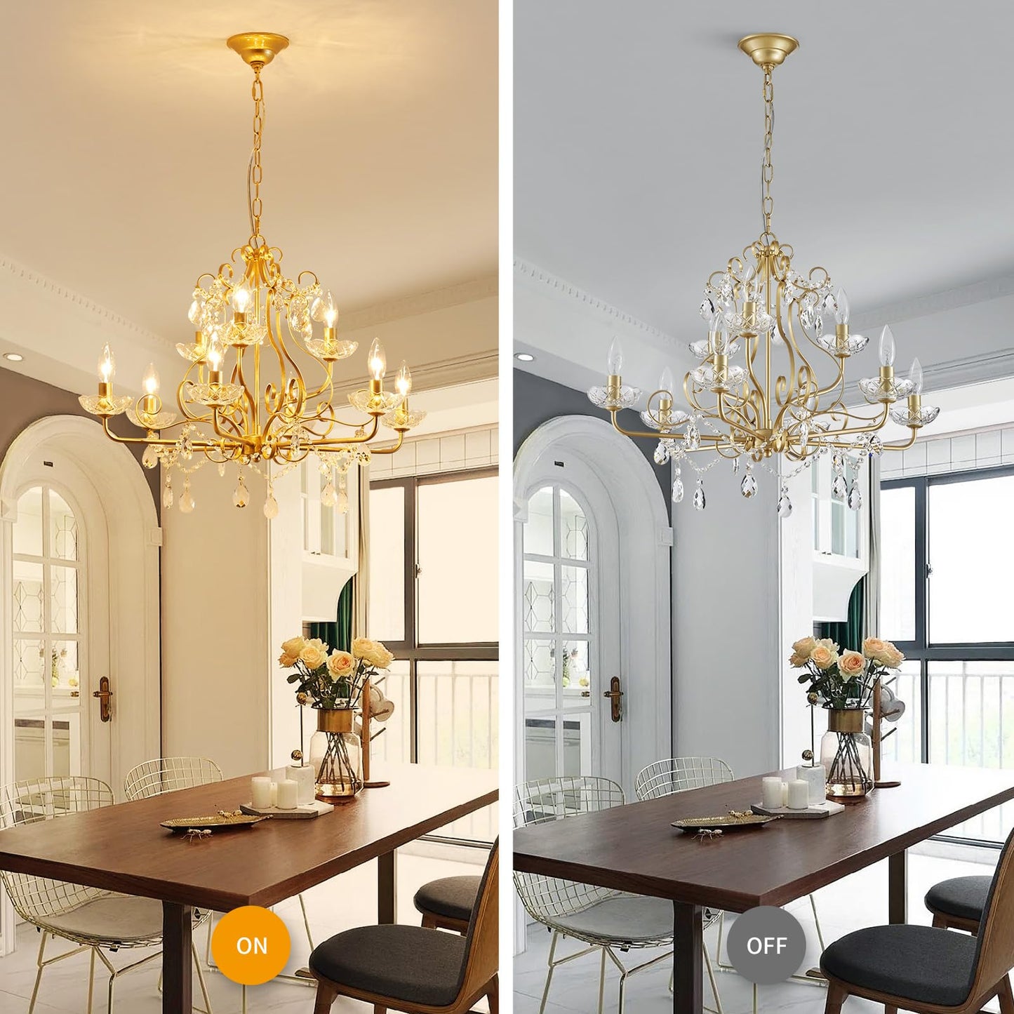 Wuzups 9-Light Crystal Candle Chandelier Pendant Flushmount Ceiling Light Modern Lighting Fixture For Bedroom Hallway Bar Kitchen Bathroom  H 18.1 X W 25.6  Gold  E12 Base