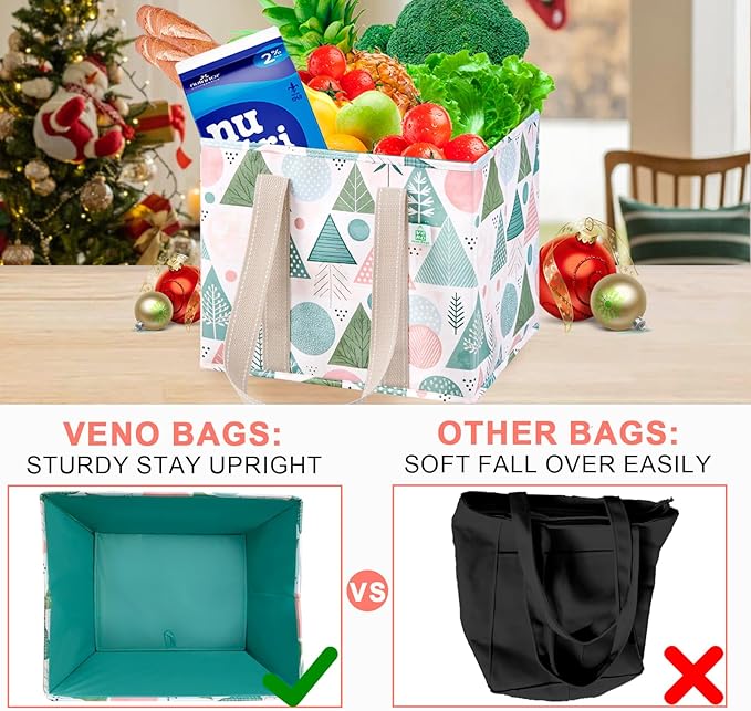 VENO 3 Pack Christmas Reusable Grocery Bags, Shopping Bags for Groceries, Tote with Handles and Hard Bottom, Foldable Shopping Cart Organizer, Water Resistant, Heavy-Duty (Pastel Forest, 6 Gallon)