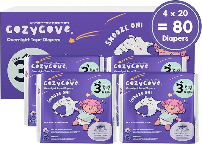 Cozycove Size 3 Diapers, Snooze On Slim Overnight Tape Diapers, Size 3 (13-24 lbs), 80 Count (4 Packs of 20)