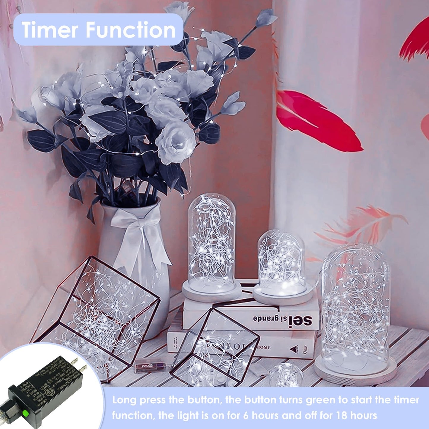 BHCLIGHT 33Ft 100LED Fairy Lights, Waterproof String Lights, 8 Modes with Timer, Cool White, Model MLS-D4.5V1.35WUC-O