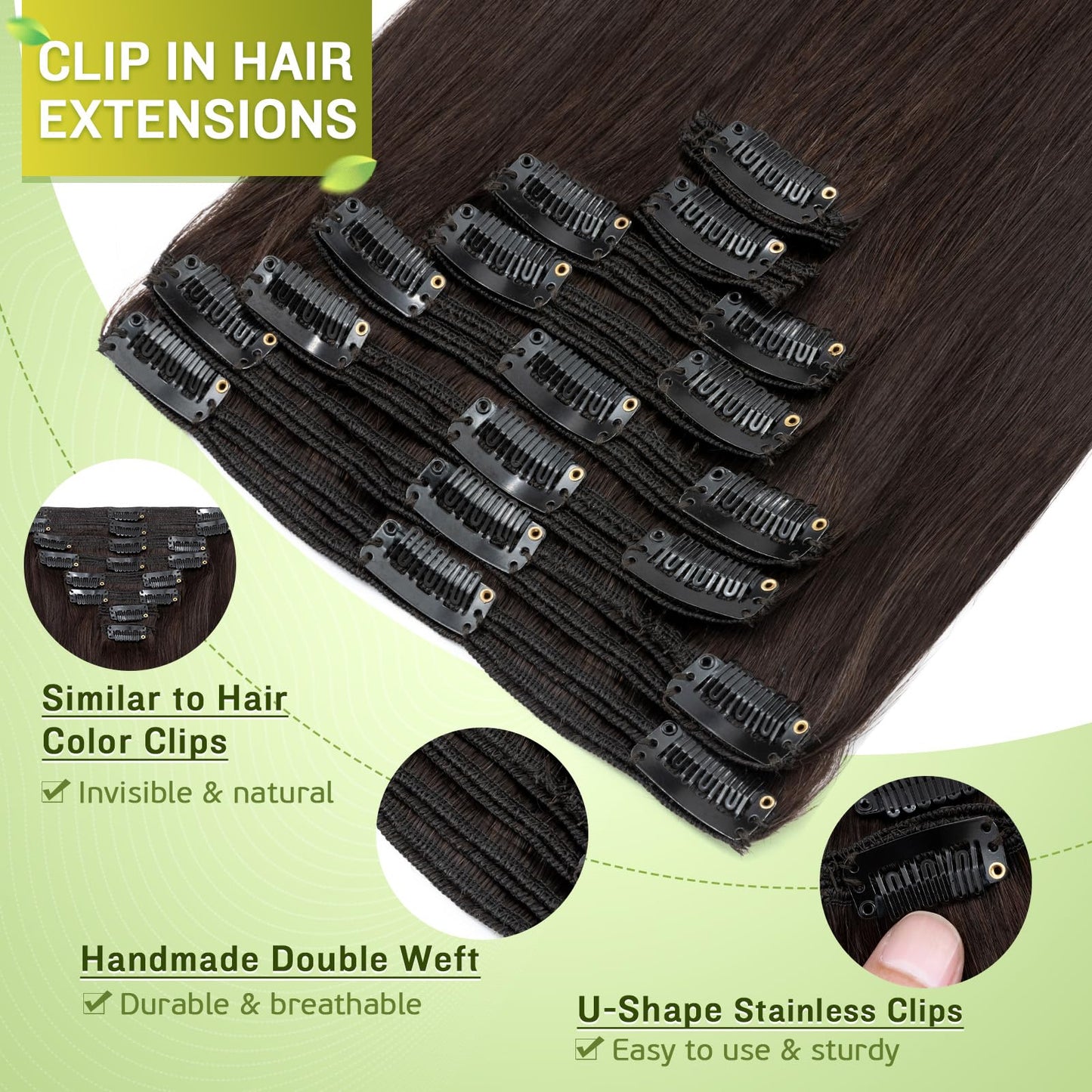 MY-LADY Double Weft 100% Remy Human Hair Clip in Extensions #2 Dark Brown 10''-22'' Grade 7A Quality Full Head Thick Thickened L