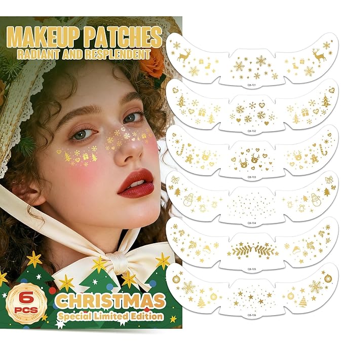 6 Sheets Gold Christmas Freckles Patch, Face Glitter, Makeup Accessories for Women, Temporary Water Transfer Tattoos, Unis...