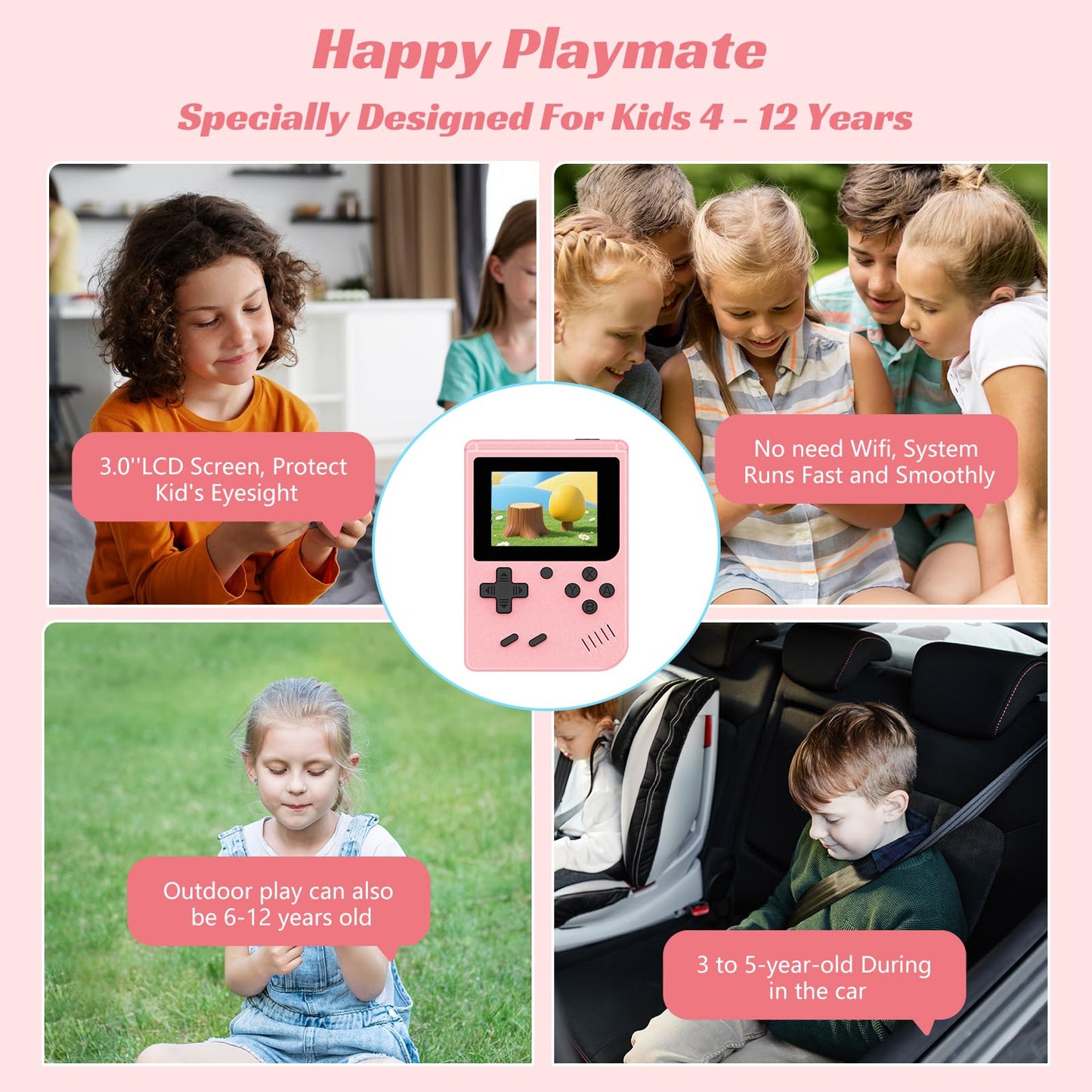 Retro Handheld Games Console, Built-in 400 Video Games, Portable Video Gaming Player with 3.0 Inch IPS Screen and Rechargeable Battery (Pink)