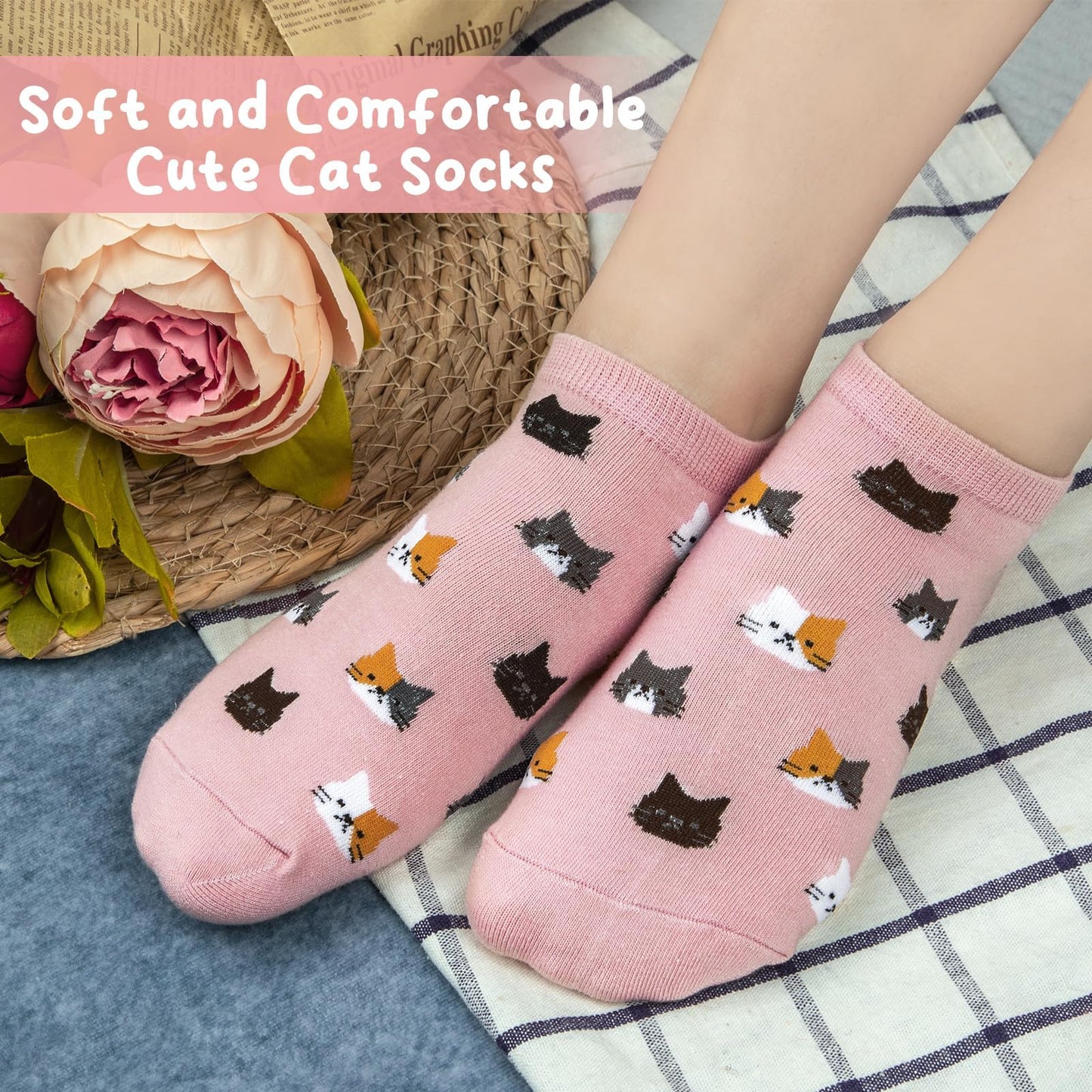 Justay 5 Pairs Cat Socks - Cute Cotton Novelty Funny Animal Fun Ankle Socks for Women Gifts