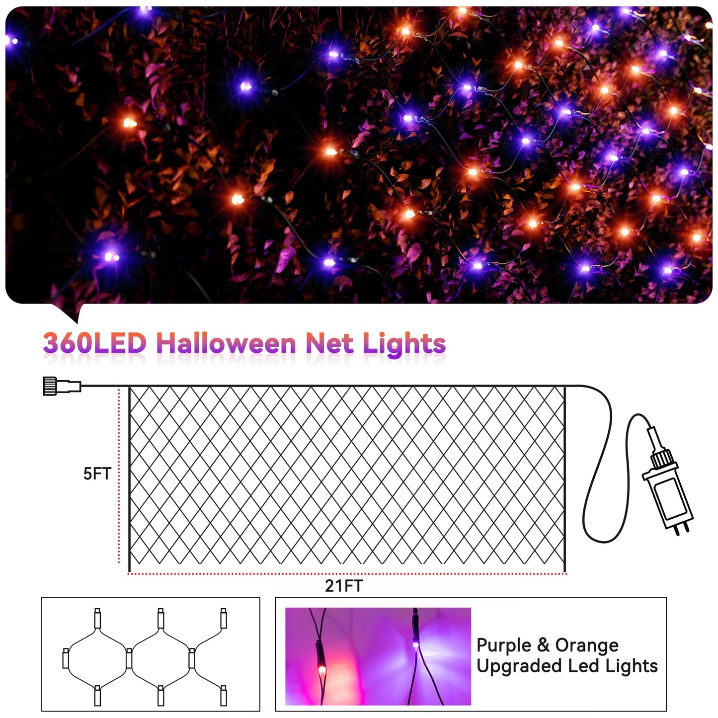 Lithome 21Ft X 5Ft Halloween Net Lights  360 Led Purple Orange Bush Lights With 8 Modes  Connectable Waterproof Net Mesh Light Dark Green Wire For Bushes Shrubs Trees Outdoor Holiday Decor