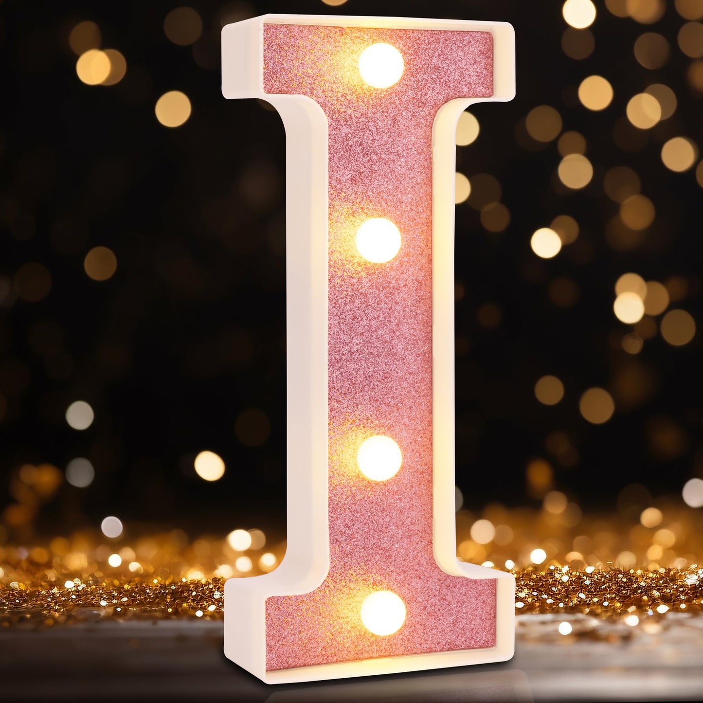 DyingSwan Small LED Marquee Letter I, Light Up Sign, 8.58in Pink Glitter, Battery Powered, Table Decor