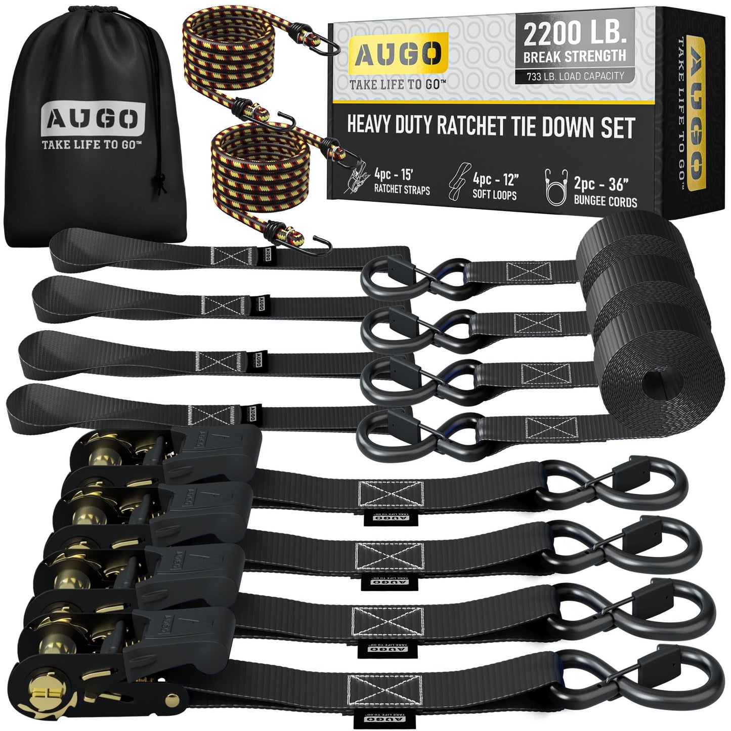 AUGO Ratchet Straps Heavy Duty 4 Pack -15 FT - 2200 LB Break Strength – Ratchet Tie Down Straps with Safety Lock S Hooks - Cargo Straps for Moving, Appliances, Motorcycle – Soft Loop Tie Down Straps