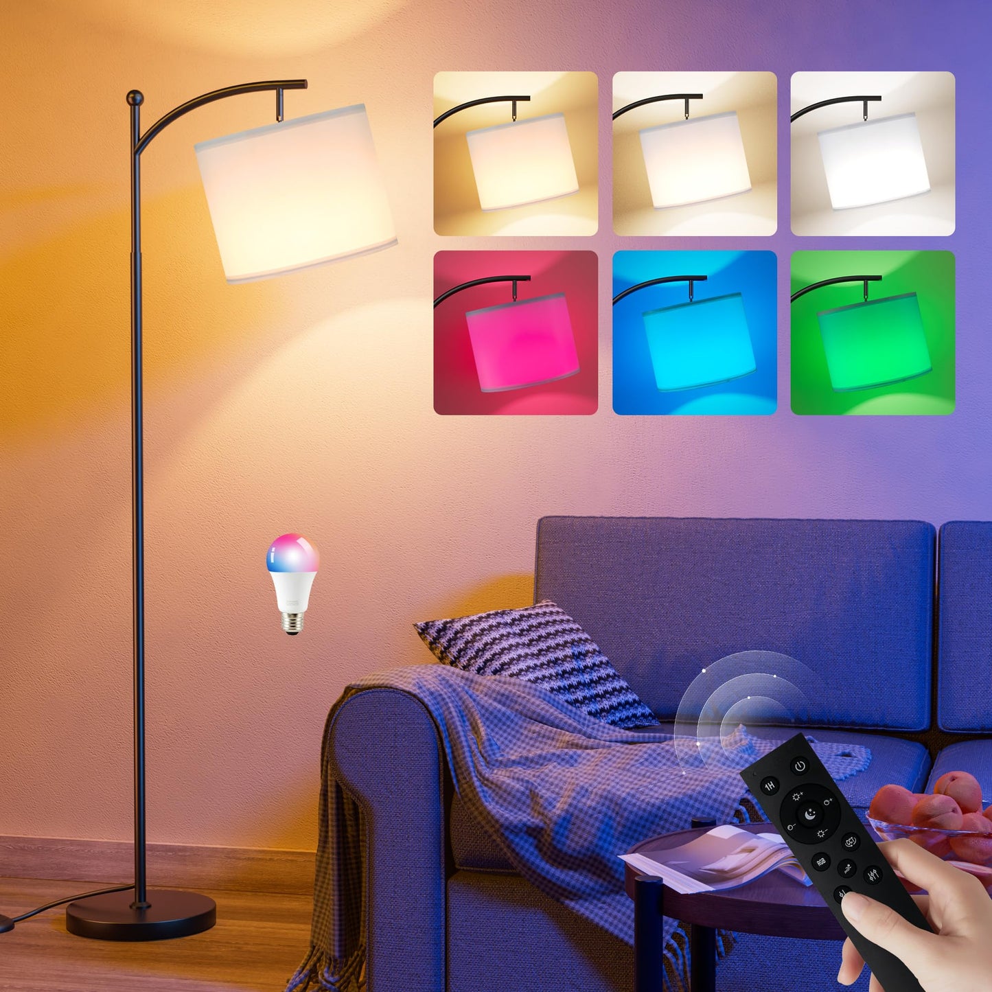 Ambimall Smart Floor Lamp with RGB Light Bulb, 60 inches, Dimmable, Iron, White Shade & Black Pole, Model RPT-QZB113RGB
