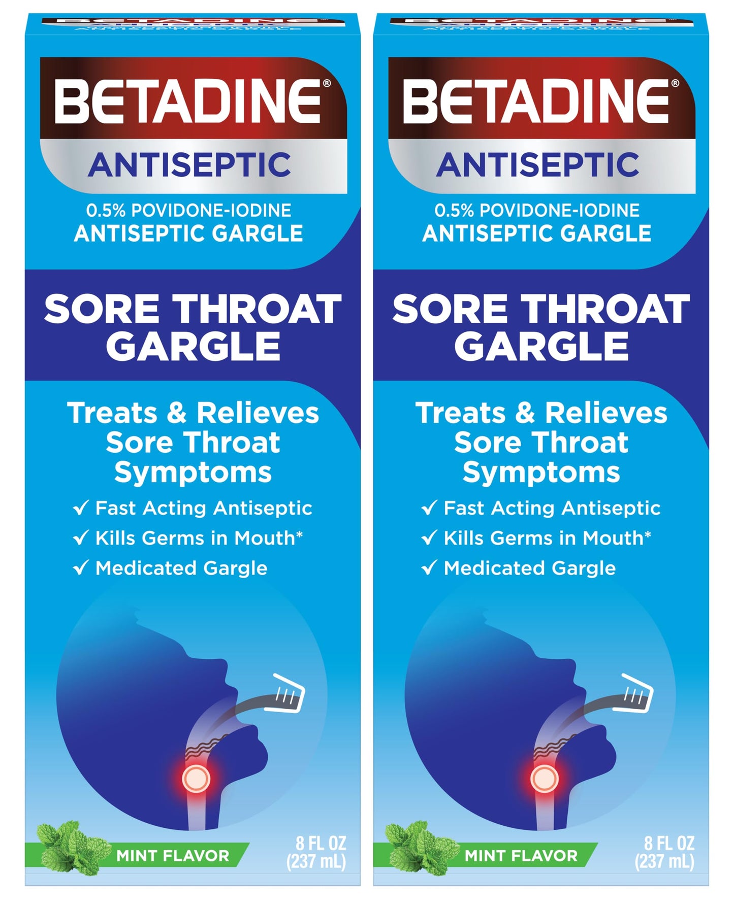 Betadine Sore Throat Relief Gargle, Mint Flavor, Fast Acting Antiseptic, Povidone-Iodine 0.5%, 8 oz (Pack of 2)