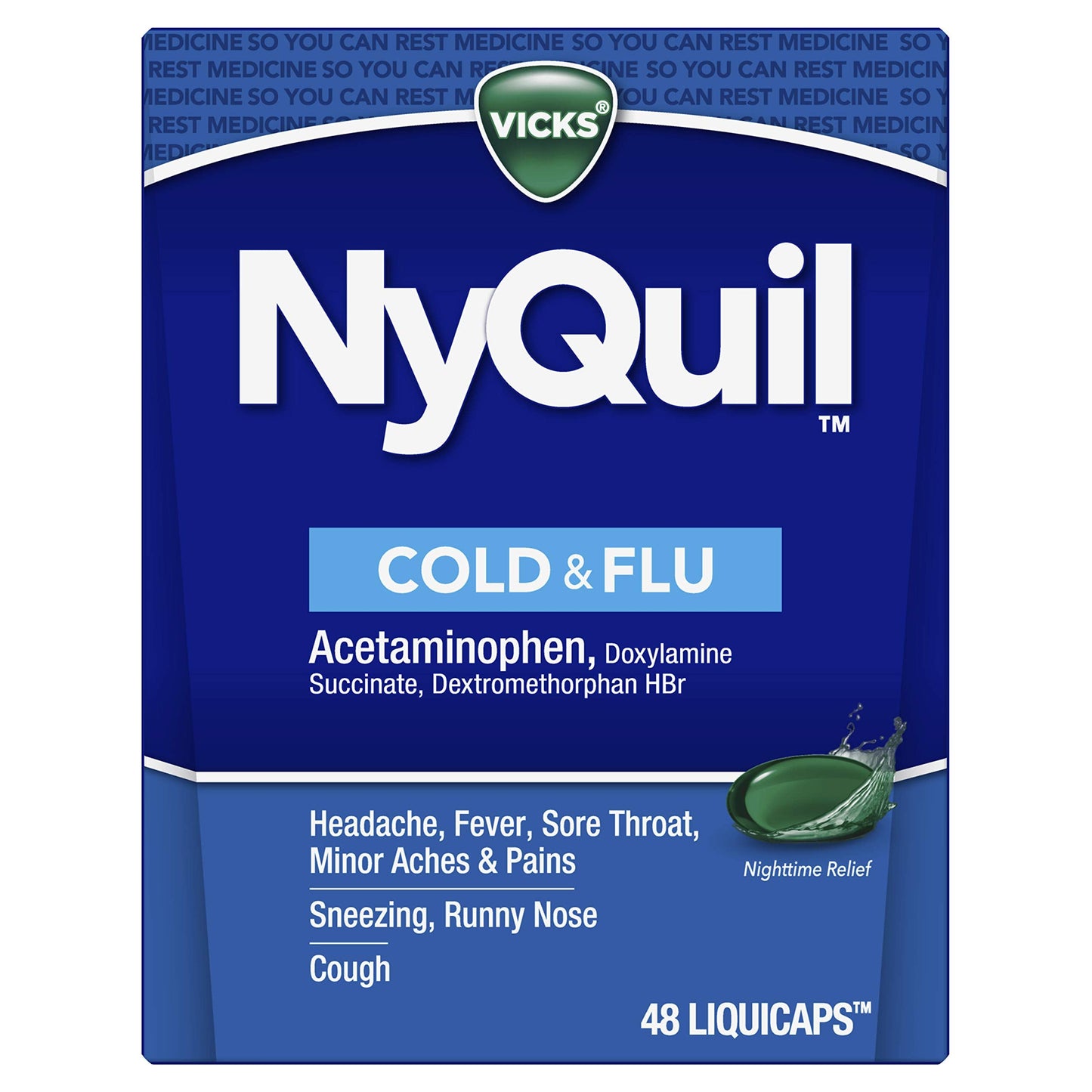 Vicks NyQuil Cold & Flu Relief Over-the-Counter Medicine, Powerful Multi-Symptom Nighttime Relief for Headache, Fever, Sore Throat, Aches, Sneezing, Runny Nose & Cough, 48 LiquiCaps