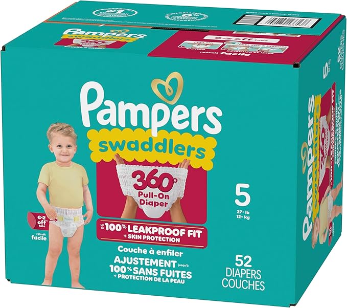 Pampers Diapers - Swaddlers 360° - Size 5, 52 Count, up to 100% Leakproof Comfy Dry Fit, Designed for Easy Changes, Pull On Baby Diaper (Packaging May Vary)