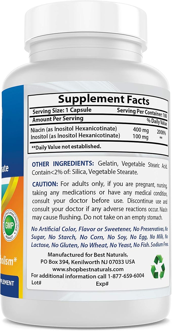 Best Naturals Flush-Free Niacin Inositol Hexanicotinate 500 mg 180 Capsules