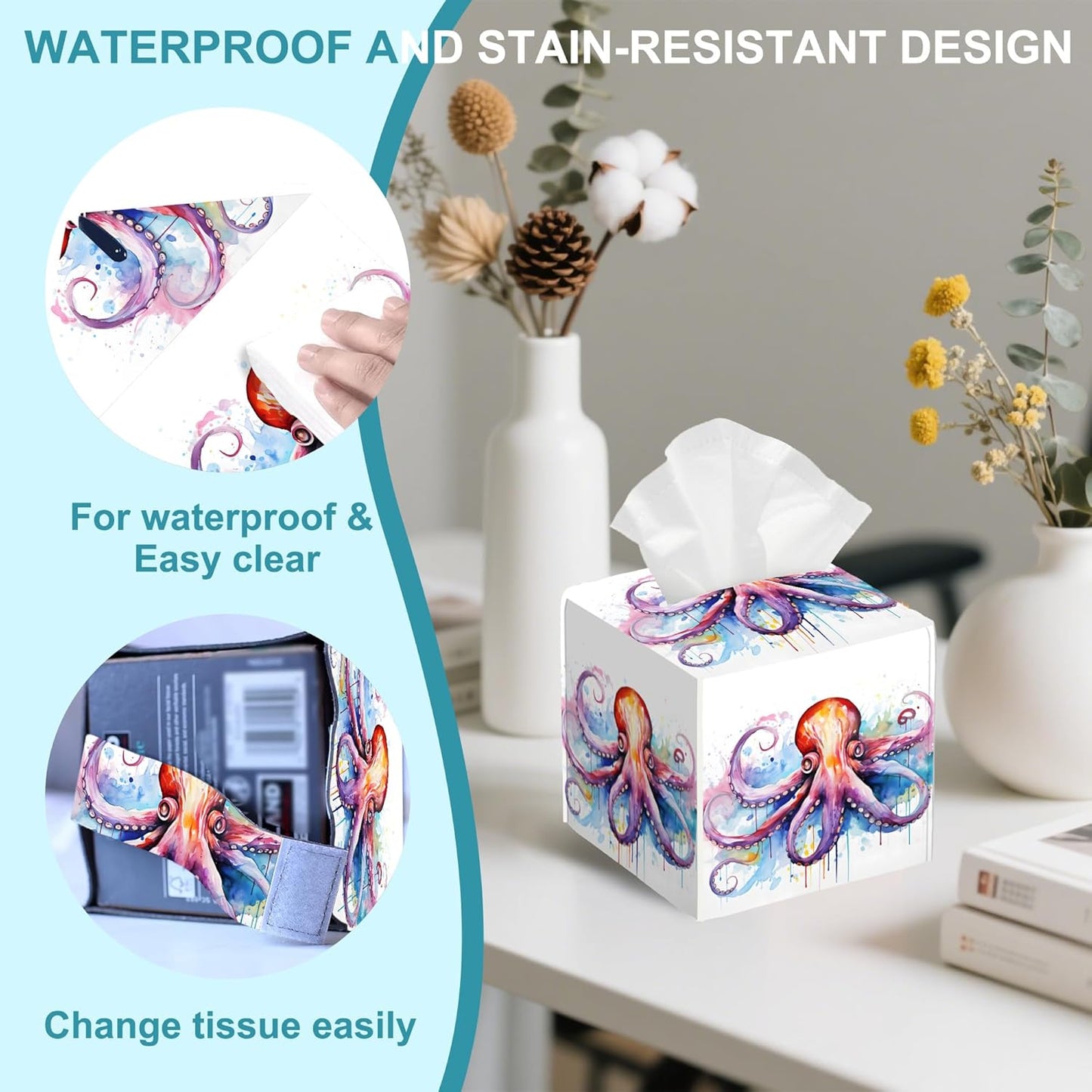 Watercolor Squid Tissue Box Cover,Colorful Splashes Tissue Box Holder Square with Bottom Belt,Waterproof Modern Napkin Holder Organizer for Bedroom Dresser Night Stand Office Desk,5.2" x 5.2" x 5.2"