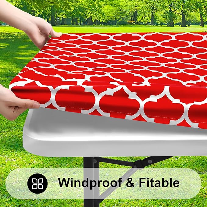 Smiry Rectangle Picnic Table Cover, Waterproof Elastic Fitted Camping Tablecloths for 4 Foot Tables, Wipeable Flannel Backed Vinyl Tablecloth Protector for Indoor, Outdoor (Red, 30x48 Inches)