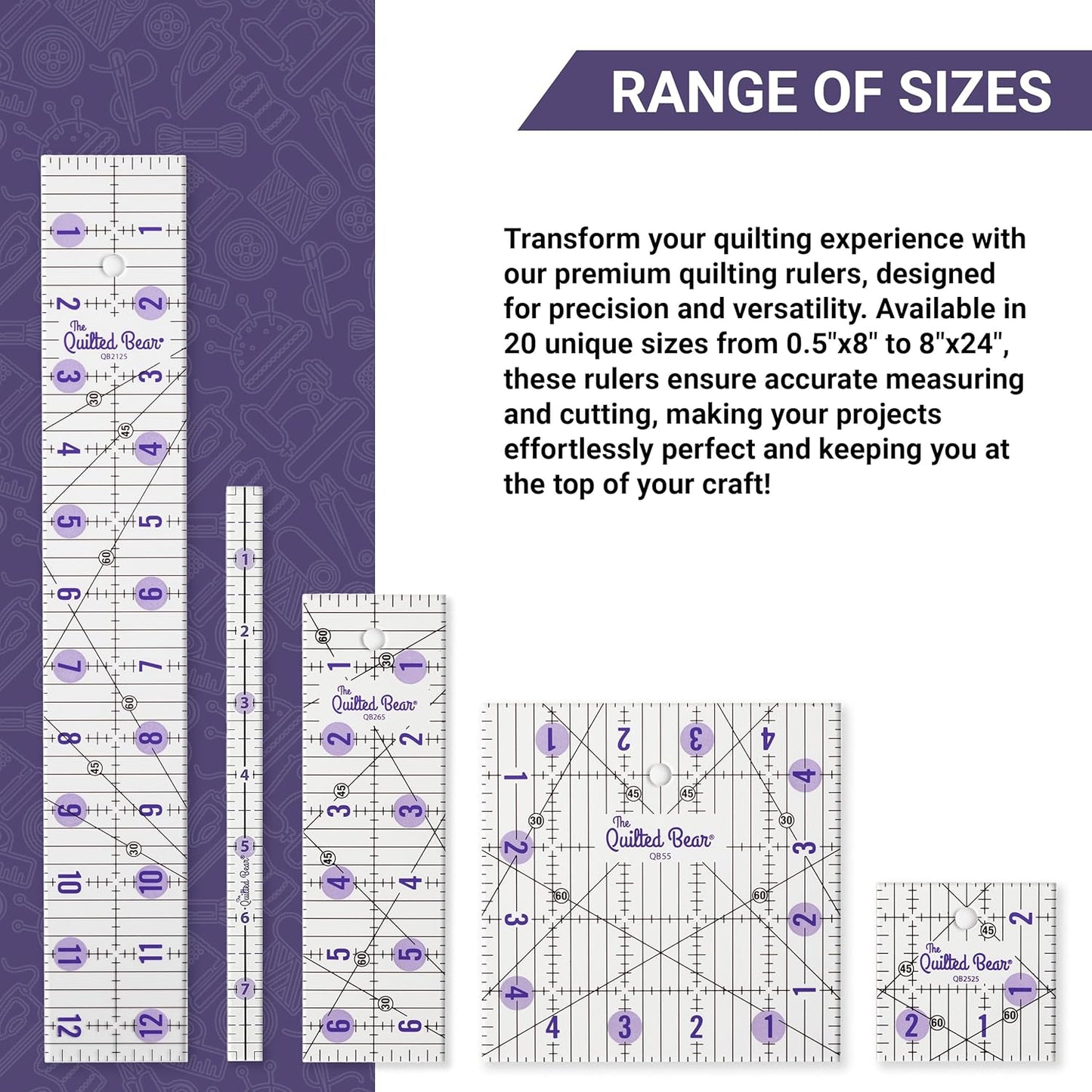 The Quilted Bear Quilting Rulers - Transparent Acrylic Non Slip Quilting, Patchwork & Sewing Ruler with Clear Black Lines & 30, 45 & 60 Degree Angles for Perfect Accuracy & Precision (5" x 5")