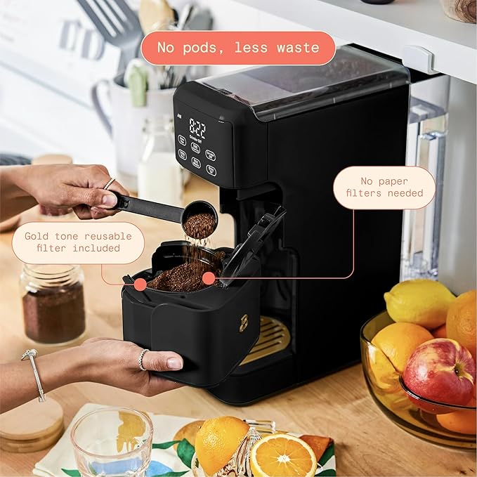 Beautiful™ Perfect Grind™ Programmable Single Serve Coffee Maker – Black by Drew Barrymore, Built-In Grinder for Fresh Grounds, Adjustable Cup Size, Programmable Timer, Reusable Filter, Compact Design