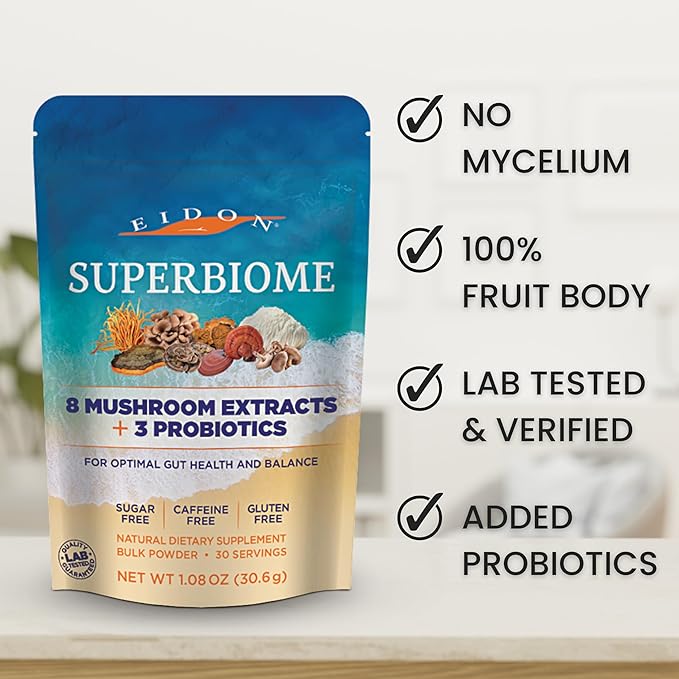 Eidon Ionic Minerals SuperBiome, Mushroom Probiotics Powder Blend, Microbiome Health Supplement with Organic Reishi, Chaga, Lion's Mane, Cordyceps, Turkey Tail, Shitake, Maitake, Phelinus, 30 Servings