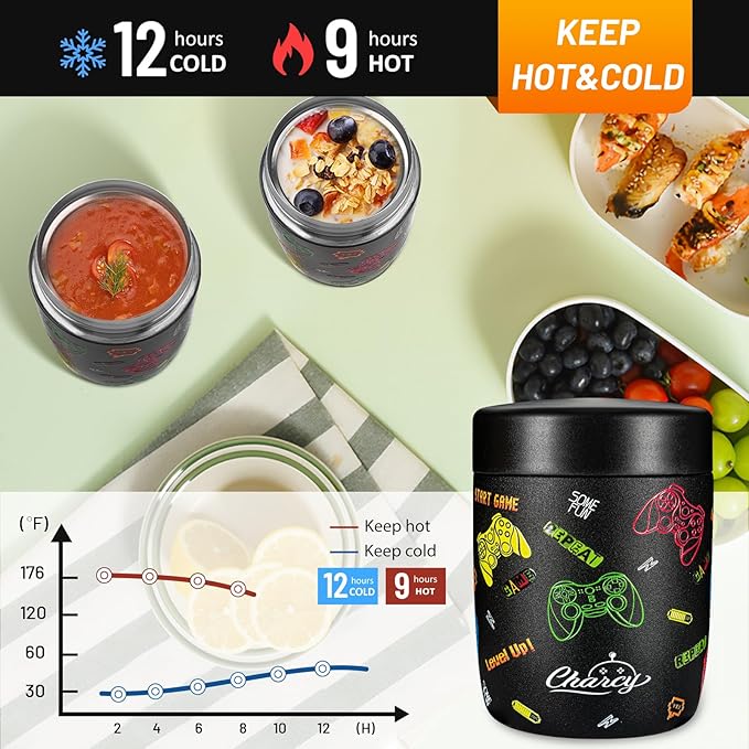 Charcy 9oz Stainless Steel Vacuum Insulated Kids Food Jar - Soup Thermo for Hot & Cold Food - Grey Video Game